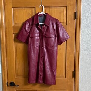 7 For All Mankind Burgundy Short-Sleeve Faux Leather Shirt Dress